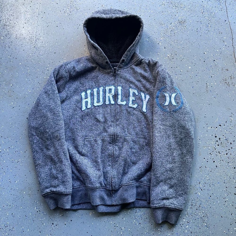 VTG Hurley Mens Small Grey Y2K Sherpa Lined Full Zip Hoodie Surf